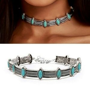 Faux Turquoise Marquise Silver Choker Necklace